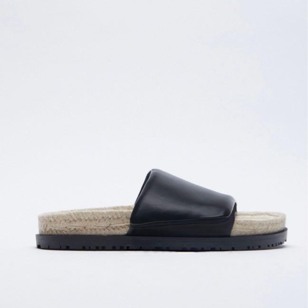 Zara Pillow Puffy Black Faux Leather Jute Flat Form Sandals Slides Size 40